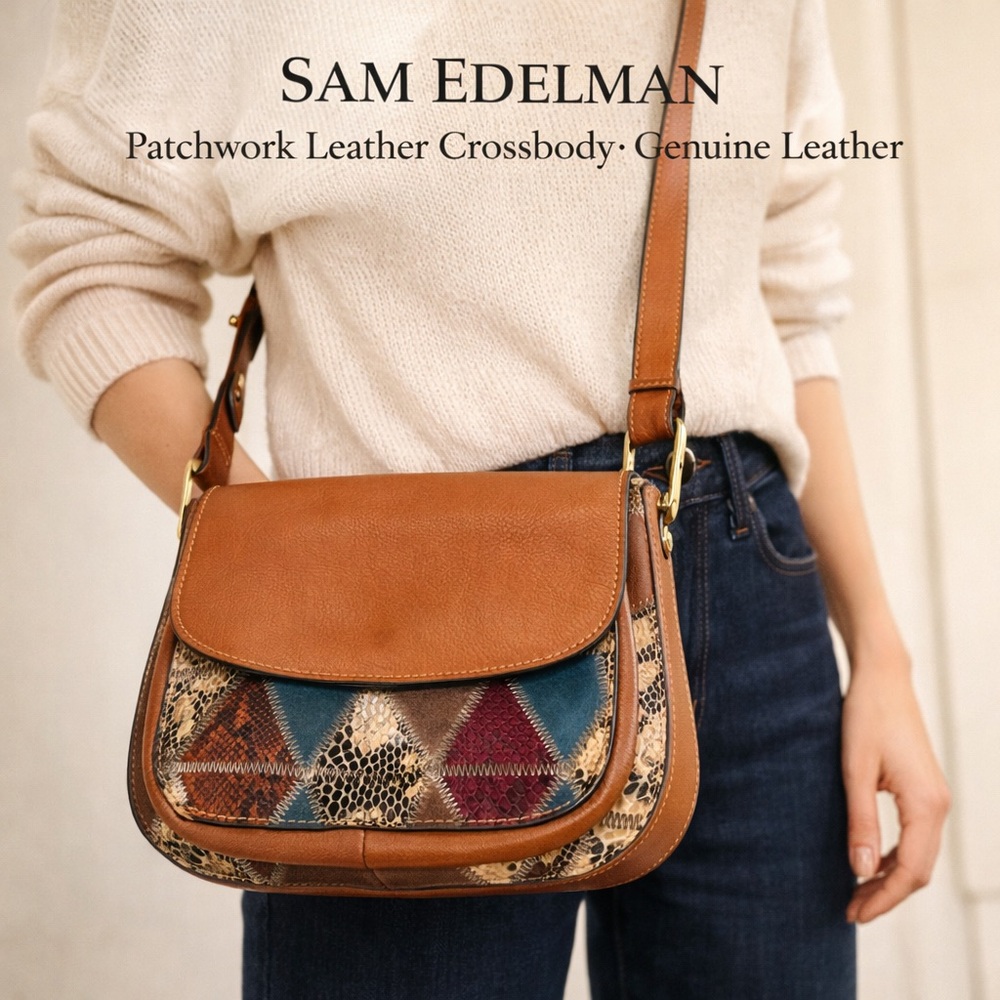 Sam Edelman Genuine Leather Patchwork Boho Crossbody Purse Brown Gold Hardware - Picture 3 of 15